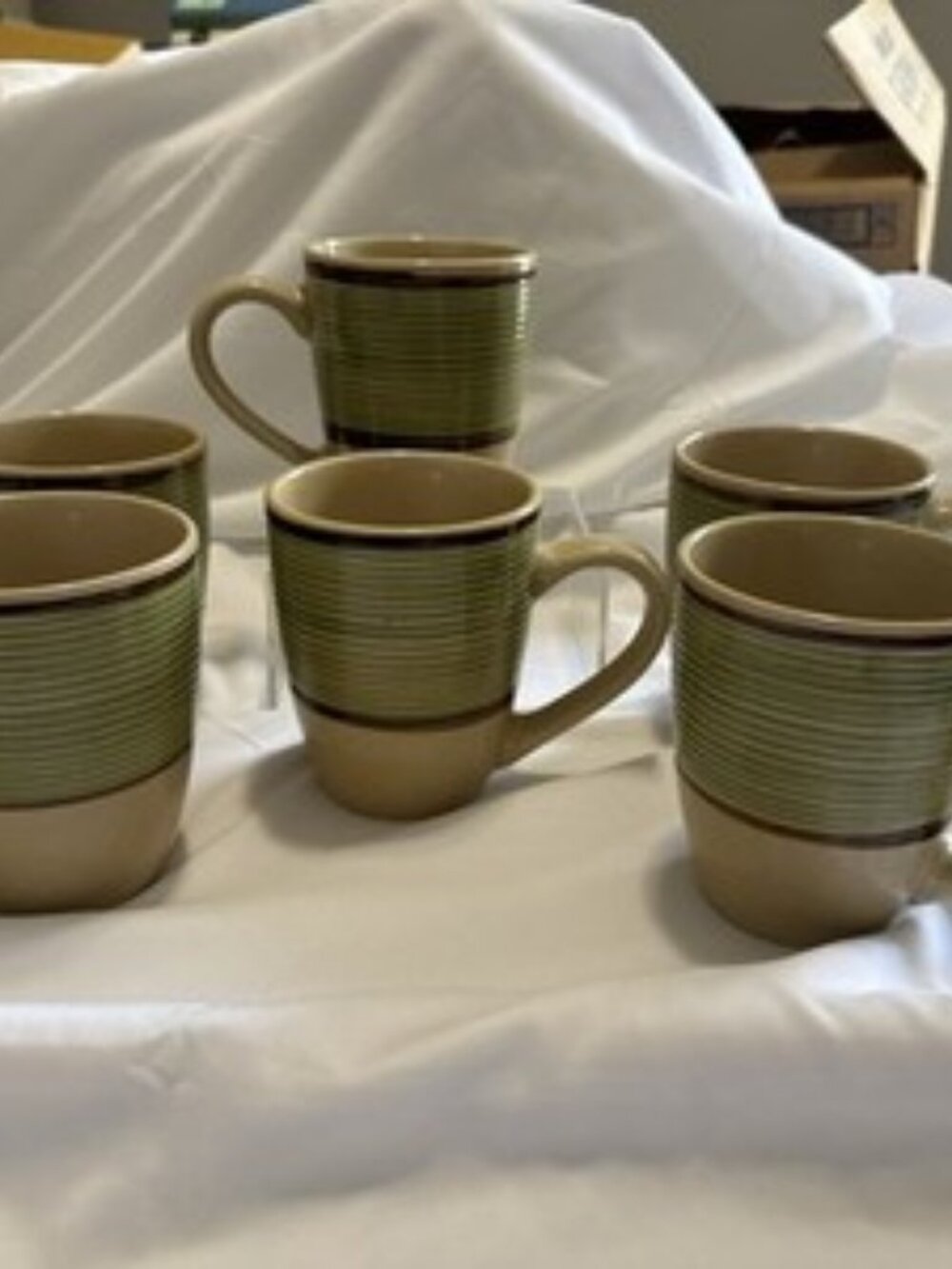 Gibson Retreat Green Mugs Set of 6 Embossed Rings Brown Trim Coffee Cups
